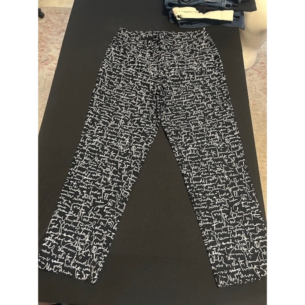 Slim-Sation Womens Black White Script Print Straight Leg Pull On Pants Size 14